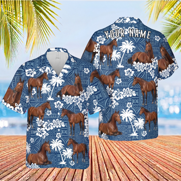 Joycorners Quarter Horse Custom Name Blue Tribal Palm Tree 3D Hawaiian Shirt