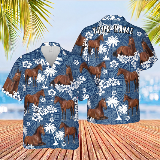 Joycorners Quarter Horse Custom Name Blue Tribal Palm Tree 3D Hawaiian Shirt