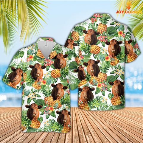 Joy Corners Red Angus Pineapple Pattern 3D Hawaiian Shirt