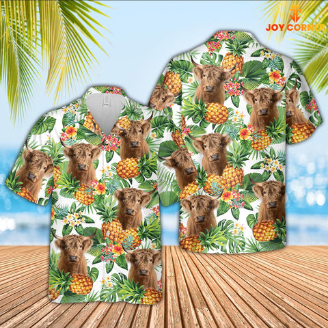 Joy Corners Highland Cattle Pineapple Pattern 3D Hawaiian Shirt