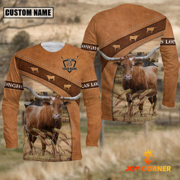 Joycorners Texas Longhorn On The Farm Customized Name Long Sleeve Shirt