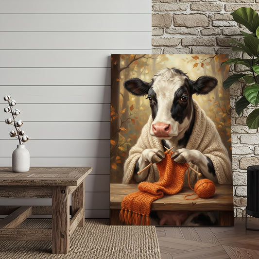 Joycorners Cozy Cow Knitting Canvas Wall Art