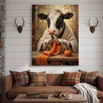 Joycorners Cozy Cow Knitting Canvas Wall Art