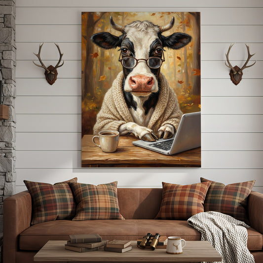 Joycorners Intellectual Cow Laptop Canvas Wall Art
