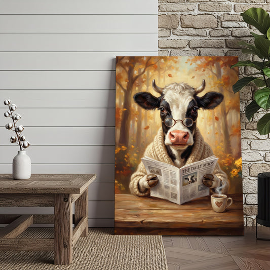 Joycorners Cow Reading Newspaper Canvas Wall Art