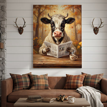 Joycorners Cow Reading Newspaper Canvas Wall Art