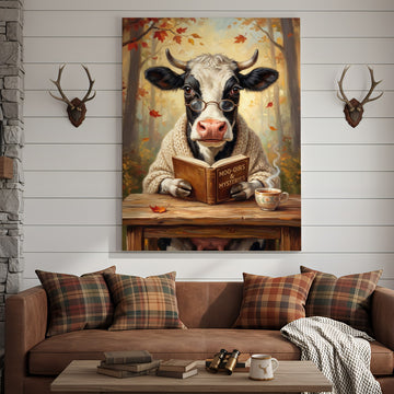 Joycorners Bookworm Cow Reading Canvas Wall Art