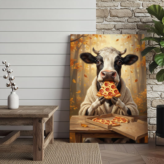 Joycorners Cow Eating Pizza Canvas Wall Art