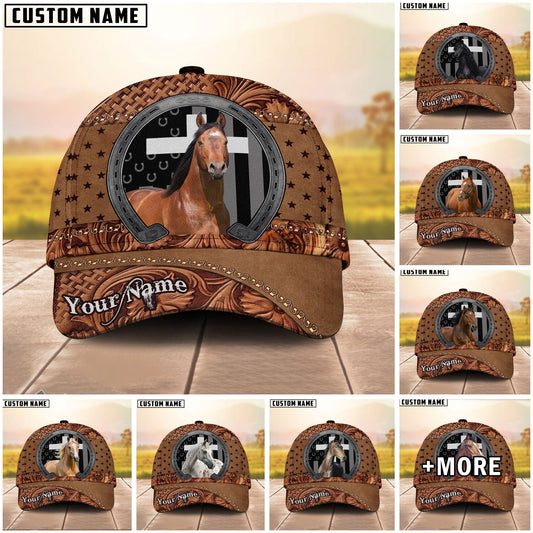 Joycorners Personalized Horse Portrait with Horseshoe Frame Western Tooled Leather Pattern Cap (9 Breeds)