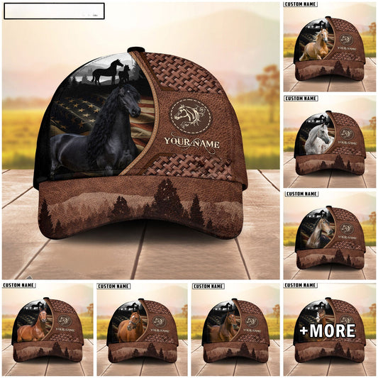 Joycorners Personalized Horse Close-Up with Wild Horse Silhouette Mountain Scene Leather Panel Cap (9 Breeds)