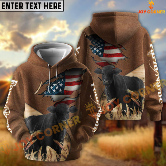 Joycorners American Flag Leather Pattern Black Angus Cattle Personalized Name And Farm Name 3D Hoodie