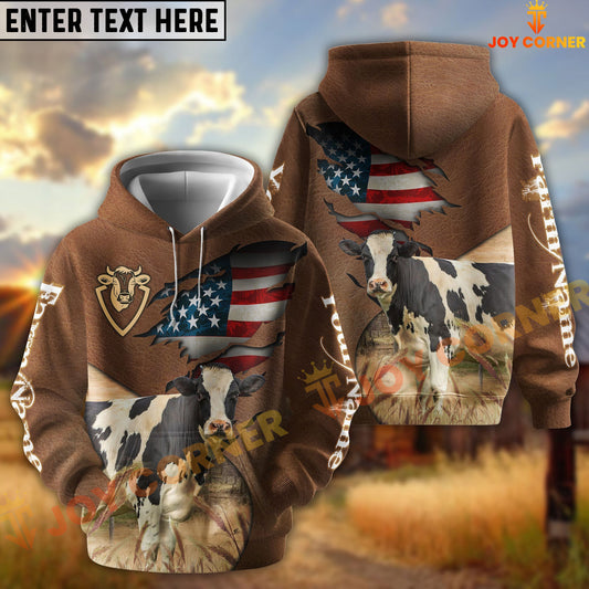 Joycorners American Flag Leather Pattern Holstein Cattle Personalized Name And Farm Name 3D Hoodie