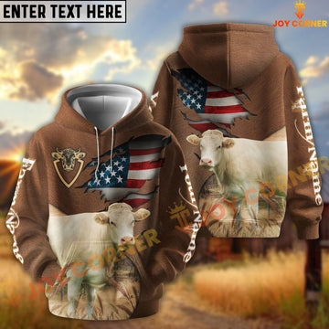 Joycorners American Flag Leather Pattern Charolais Cattle Personalized Name And Farm Name 3D Hoodie