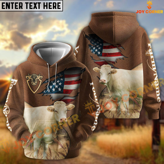 Joycorners American Flag Leather Pattern Charolais Cattle Personalized Name And Farm Name 3D Hoodie