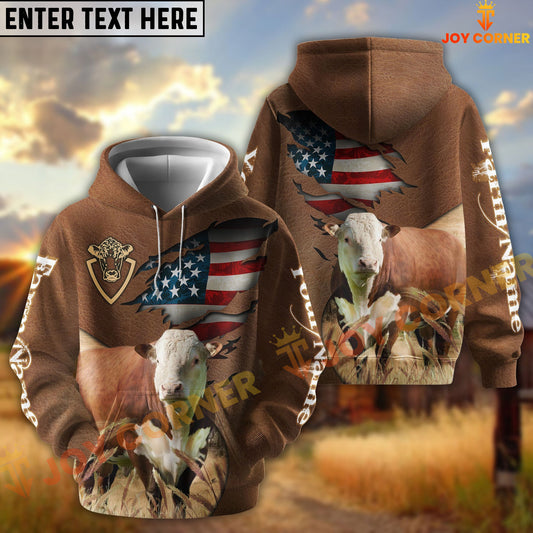 Joycorners American Flag Leather Pattern Hereford Cattle Personalized Name And Farm Name 3D Hoodie