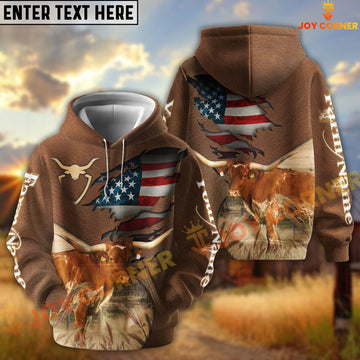 Joycorners American Flag Leather Pattern Texas Longhorn Cattle Personalized Name And Farm Name 3D Hoodie