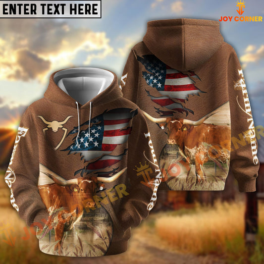 Joycorners American Flag Leather Pattern Texas Longhorn Cattle Personalized Name And Farm Name 3D Hoodie