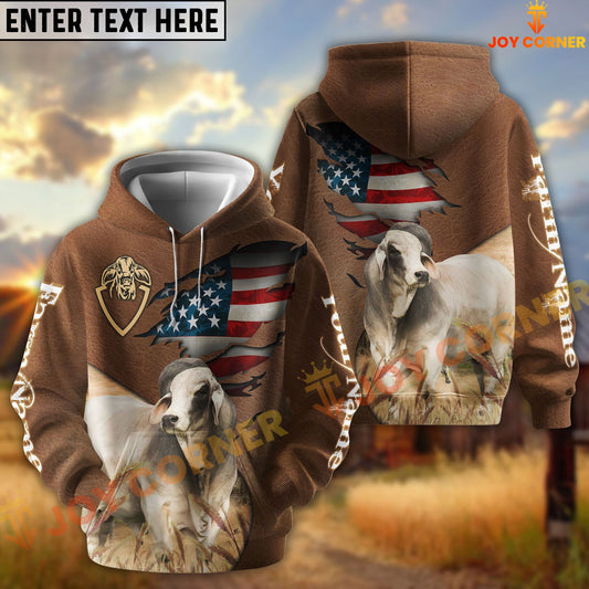 Joycorners American Flag Leather Pattern Brahman Cattle Personalized Name And Farm Name 3D Hoodie