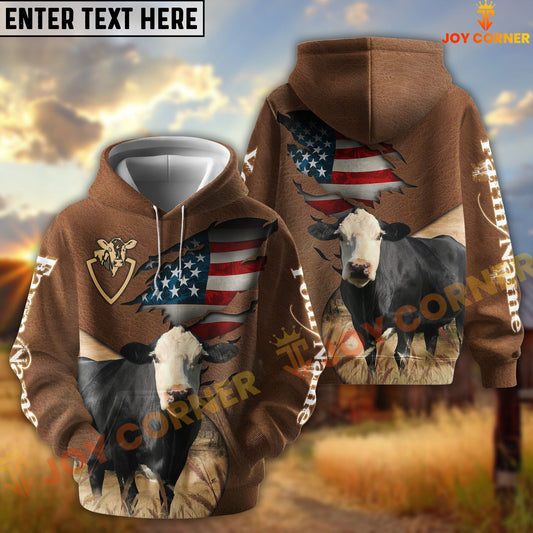 Joycorners American Flag Leather Pattern Black Baldy Cattle Personalized Name And Farm Name 3D Hoodie