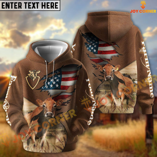 Joycorners American Flag Leather Pattern Jersey Cattle Personalized Name And Farm Name 3D Hoodie