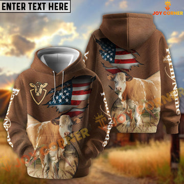 Joycorners American Flag Leather Pattern Simmental Cattle Personalized Name And Farm Name 3D Hoodie