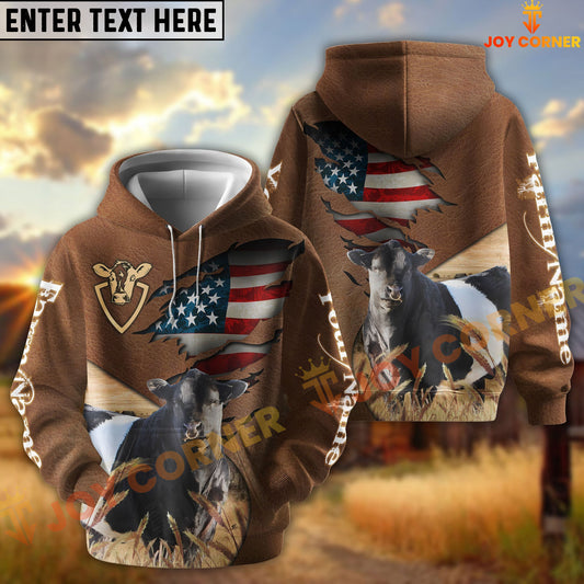 Joycorners American Flag Leather Pattern Belted Galloway Cattle Personalized Name And Farm Name 3D Hoodie