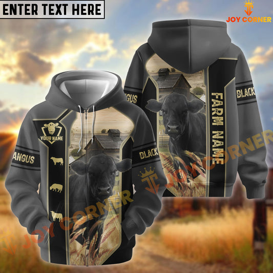Joycorners Black Gray Gold Line Pattern Black Angus Personalized Name And Farm Name 3D Hoodie