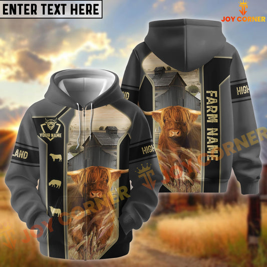 Joycorners Black Gray Gold Line Pattern Highland Personalized Name And Farm Name 3D Hoodie