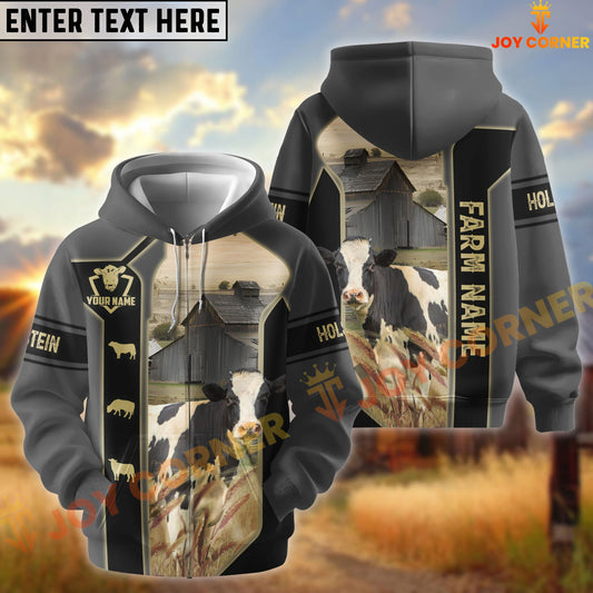 Joycorners Black Gray Gold Line Pattern Holstein Personalized Name And Farm Name 3D Hoodie
