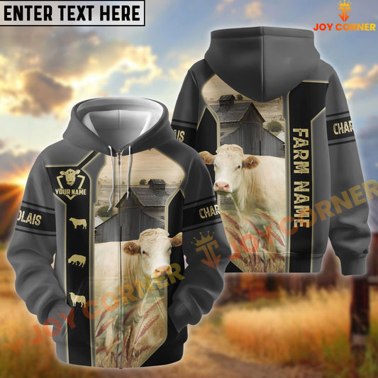 Joycorners Black Gray Gold Line Pattern Charolais Personalized Name And Farm Name 3D Hoodie