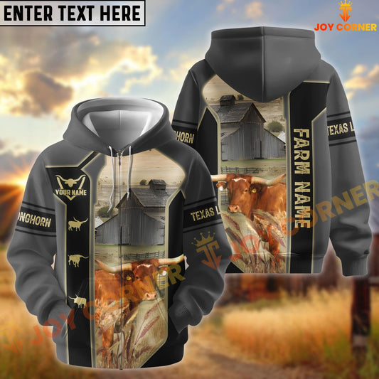 Joycorners Black Gray Gold Line Pattern Texas Longhorn Personalized Name And Farm Name 3D Hoodie
