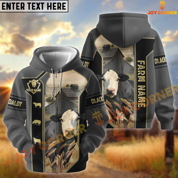 Joycorners Black Gray Gold Line Pattern Black Baldy Personalized Name And Farm Name 3D Hoodie