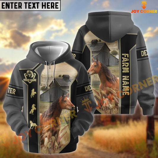 Joycorners Black Gray Gold Line Pattern Horse Personalized Name And Farm Name 3D Hoodie