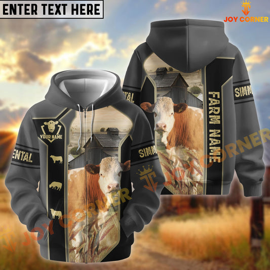 Joycorners Black Gray Gold Line Pattern Simmental Personalized Name And Farm Name 3D Hoodie