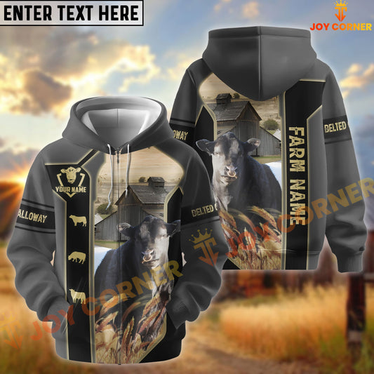 Joycorners Black Gray Gold Line Pattern Belted Galloway Personalized Name And Farm Name 3D Hoodie