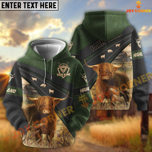 Joycorners Highland Black Moss Leather Pattern Personalized Name and Farm Name Color Mixed 3D Hoodie