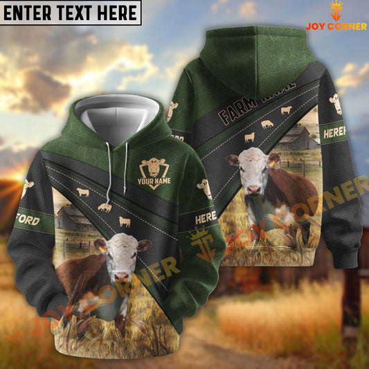 Joycorners Hereford Black Moss Leather Pattern Personalized Name and Farm Name Color Mixed 3D Hoodie