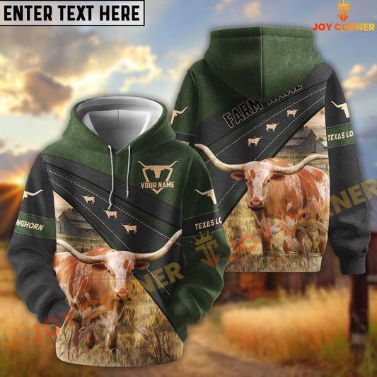 Joycorners Texas Longhorn Black Moss Leather Pattern Personalized Name and Farm Name Color Mixed 3D Hoodie