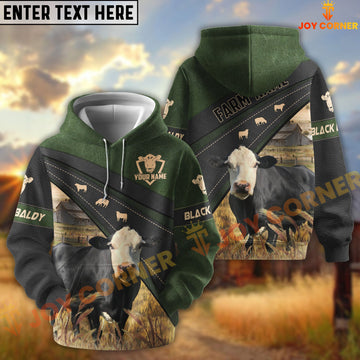 Joycorners Black Baldy Black Moss Leather Pattern Personalized Name and Farm Name Color Mixed 3D Hoodie