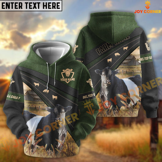 Joycorners Belted Galloway Black Moss Leather Pattern Personalized Name and Farm Name Color Mixed 3D Hoodie