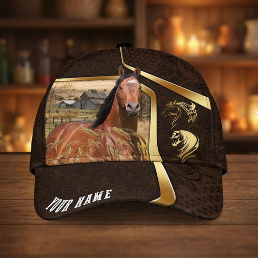 Joycorners Personalized Horse Dark Brown Carving Gold Line Pattern Cap (9 Breeds)