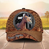 Joycorners Personalized Horse Portrait with Horseshoe Frame Western Tooled Leather Pattern Cap (9 Breeds)