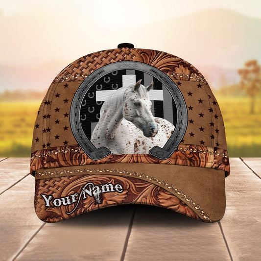 Joycorners Personalized Horse Portrait with Horseshoe Frame Western Tooled Leather Pattern Cap (9 Breeds)