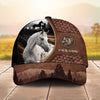 Joycorners Personalized Horse Close-Up with Wild Horse Silhouette Mountain Scene Leather Panel Cap (9 Breeds)