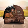 Joycorners Personalized Horse Close-Up with Wild Horse Silhouette Mountain Scene Leather Panel Cap (9 Breeds)