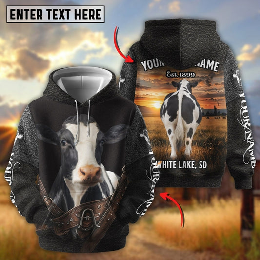 Joycorners Personalized Cow Back Portrait Sunset Grassland Name & Farm Name Cattle Hoodie (9 Breeds)