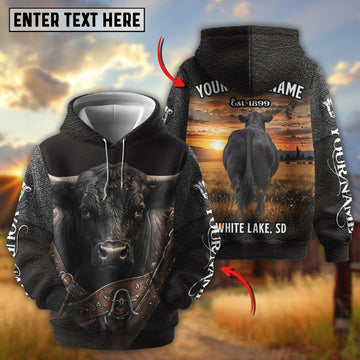 Joycorners Personalized Cow Back Portrait Sunset Grassland Name & Farm Name Cattle Hoodie (9 Breeds)