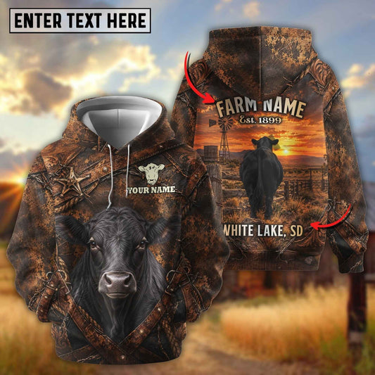 Joycorners Personalized Cow Portrait Sunset Ranch Dark Brown Leather Pattern Name & Farm Name Cattle Hoodie (9 Breeds)