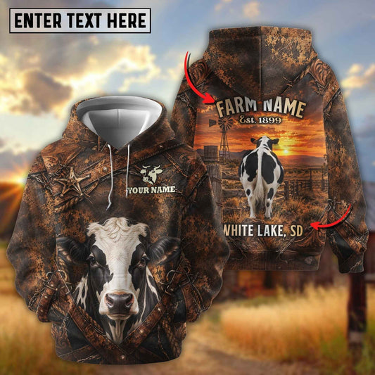 Joycorners Personalized Cow Portrait Sunset Ranch Dark Brown Leather Pattern Name & Farm Name Cattle Hoodie (9 Breeds)