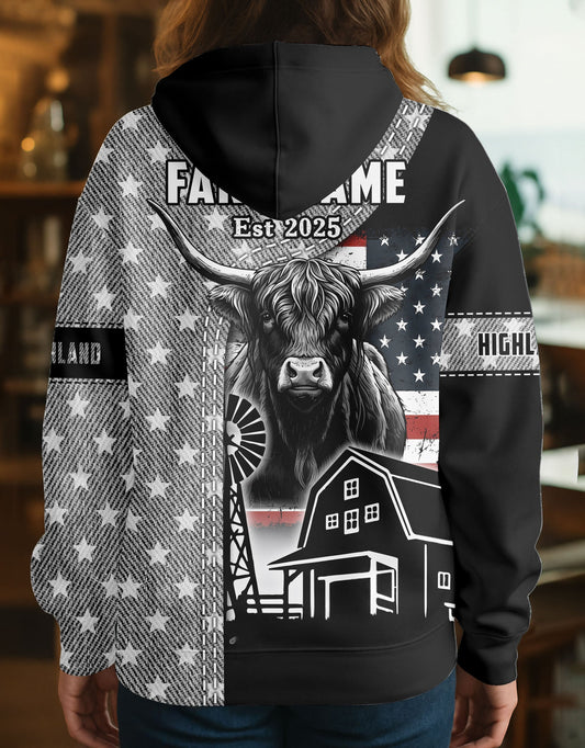 Joycorners Highland Farm Life US Flag Personalized Name, Farm Name Unisex 3D Hoodie